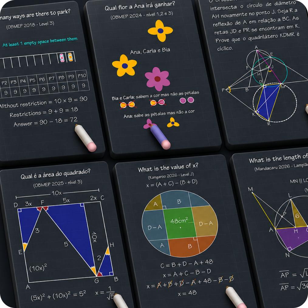 Six chalkboard-style math problem cards across competitions and levels